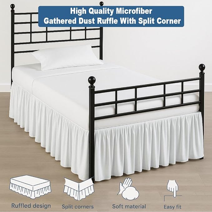 Ruffled Bed Skirt Split Corners with Platform, Tailored Fit Hotel Quality Wrinkle Free Ultra-Soft Microfiber Dust Ruffle, Upto 24 Inch Drop, Twin XL, White