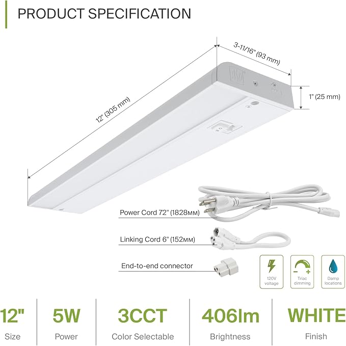 ASD 12 Inch LED Under Cabinet Lighting Plug in or Hardwired, High/Low/Off Switch, 5W 120V 3 CCT 2700K/3000K/4000K CRI90+, Triac Dimmable Linkable Under Counter Lights for Kitchen, ETL Listed, White