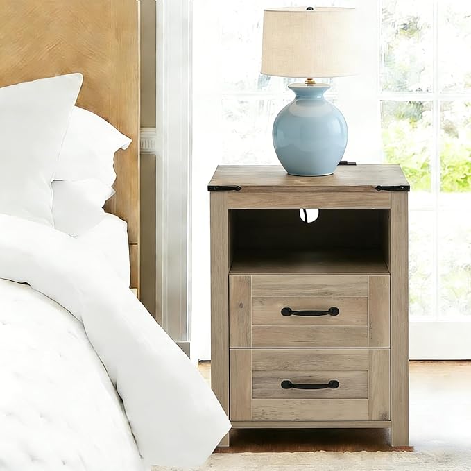 Puntogen Sierra Night Stand Set of 2, Rustic End Table with Charging Station, Farmhouse Tall Nightstand for Bedroom, Drawer Dresser Bedside Table with Open Storage Shelf