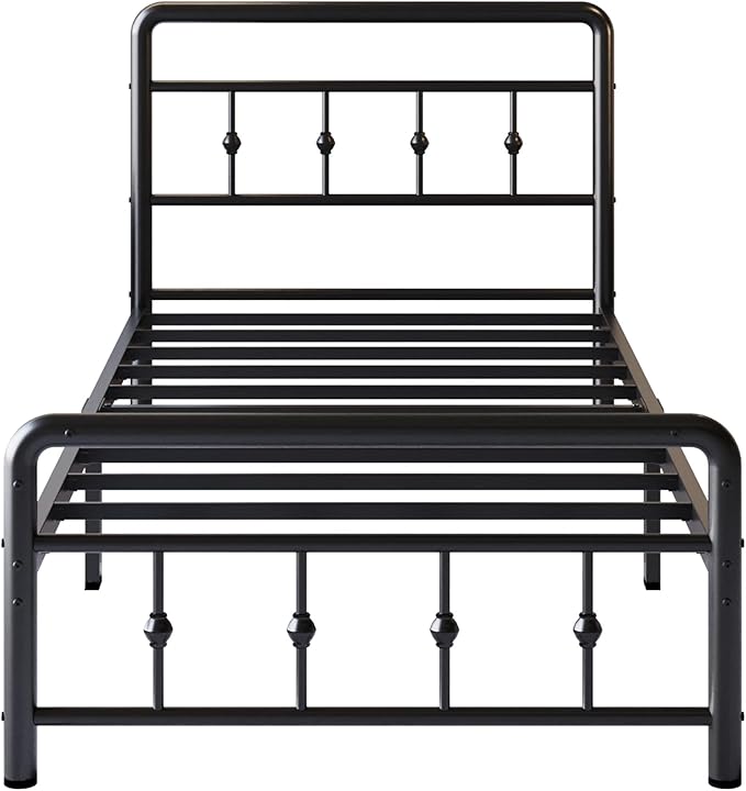 12 Inch Twin XL Bed Frames with Victorian Vintage Headboard and Footboard, No Box Spring Needed, Heavy Duty Metal Mattress Foundation, Noise Free, Easy Assembly, Black