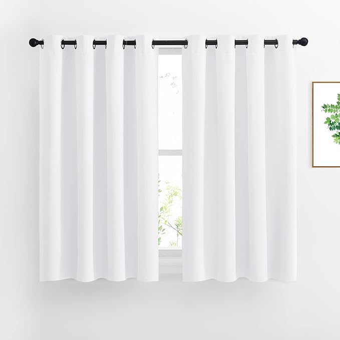 NICETOWN White Small Window Curtain 54 inches Length - (50% Blackout) Thermal Insulated Solid Grommet Sound & Light Reducing Room Darkening Drape for Kitchen/Cafe (1 Panel, W52 x L54)