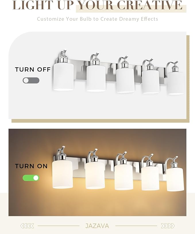 5 Light Bathroom Vanity Light, Brushed Nickel Vanity Lights for Morden Bathroom Lighting Fixtures Over Mirror Wall Light Fixtures with Milky White Frosted Shade ZCVL01BNW-5