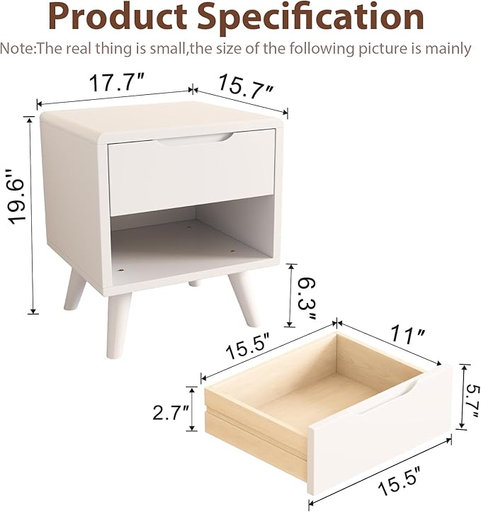 Solid Wood Nightstand White Night Stand with Drawers Mid Century Modern Nightstand with Storage,Wood Night Stand,Small Bedside Table for Bedroom,Living Room,Office,White Bedside Table