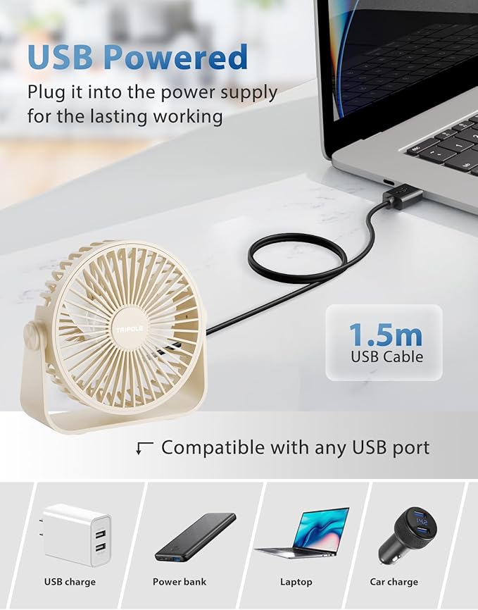 TriPole USB Desk Fan Portable Mini Fan Powerful 3 Speeds Wind Personal Desktop Fan with 360° Head Rotation for Home Office Car Indoor Outdoor Beige, No Battery, 4.5 Inches