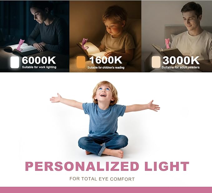 Rechargeable Book Light for Kids at Night – Portable Clip-On LED Light with Dimmable Brightness Ideal for Kids & Adults, Bedtime & Travel–Eye-Caring, Flexible, Gift for Book Lovers,Pink