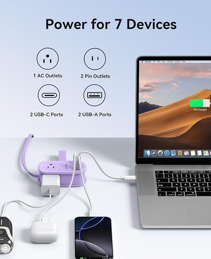 ORICO 65W GaN Travel Power Strip with 7-in-1 Charging Ports (3 AC Outlets/2 USB-A/2 USB-C), Flat Plug and 4FT Extension Cord, Fast Charger for MacBook Pro/Air, iPad Pro, iPhone 17/16/15- AP3
