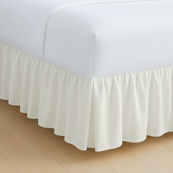 Rajlinen Ruffled Bed Skirt King, 10 Inch Drop Dust Ruffle with Split Corners, 100% Microfiber Bedskirt with Platform, Three-Sided Coverage Ruffled Gathering Design, Ivory