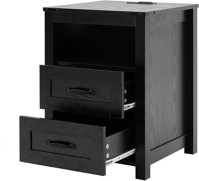 Puntogen Black Night Stand, Rustic End Table with Charging Station, Farmhouse Tall Nightstand for Bedroom, Drawer Dresser Bedside Table with Open Storage Shelf