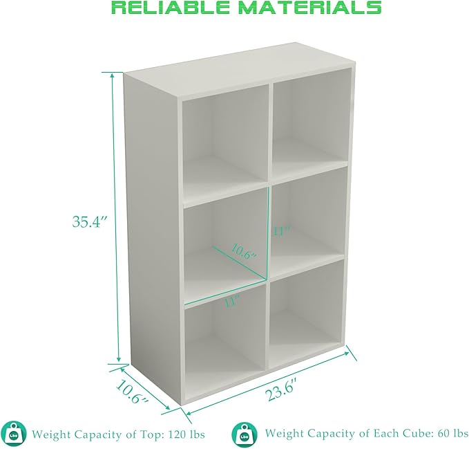 OSCHF 6-Cube Storage Shelf Bookcase - Wooden 3-Tier Floor Standing Open Bookshelf for Home and Office, Display Cabinet, Warm White