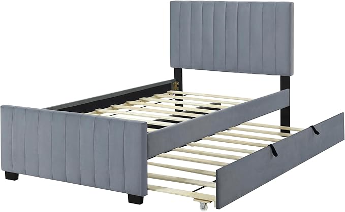 Twin Bed Frame with Trundle Bed,Velvet Upholstered Bed Frame,Twin Size Trundle Bed with Headboard,Upholstered Platform Bed Twin for Kids Teens Adults(Gray)