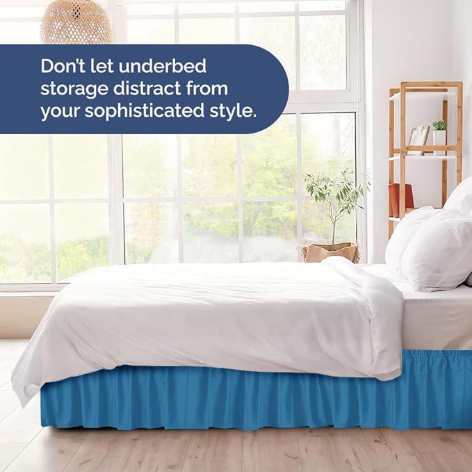 Wrap Around Dust Ruffle Bed Skirt - Denim Blue - Twin/Twin XL Size Beds with 12 Inch Drop - Elastic Strap - Adjustable Pleated Bedskirt with Brushed Fabric and Wrinkle Free - Women, Men, Kids & Teens