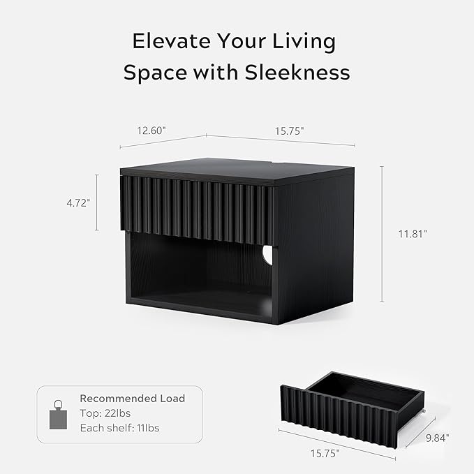Fluted Floating Nightstand Set of 2 with Drawer, Modern Night Stand with Fluted Door and Open Storage Shelf Wall Mounted Bedside Table for Bedroom, Entryway Black