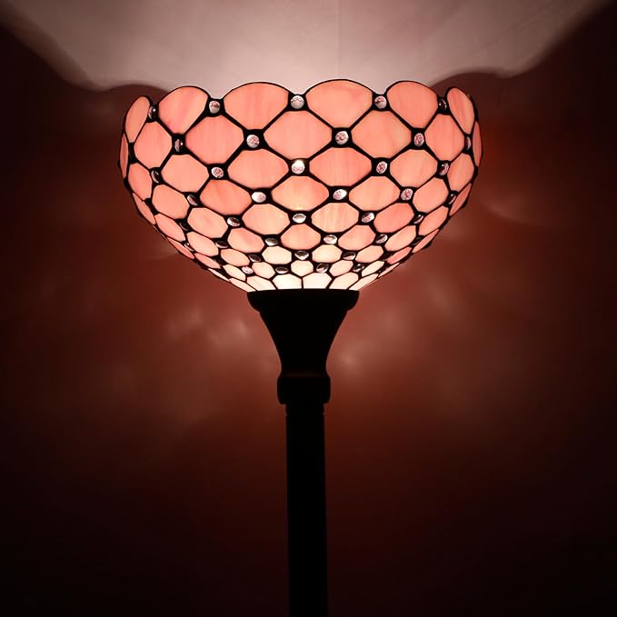 WERFACTORY Tiffany Floor Lamp Pink Stained Glass Pearl Bead Light 12X12X71 Inches Torchiere Standing Corner Torch Uplight Decor Bedroom Living Room Home Office S005P Series
