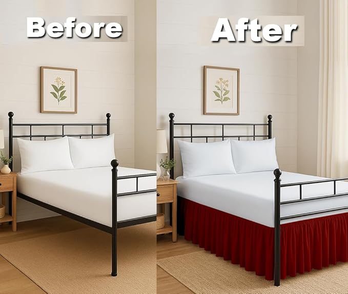 Ruffled Bed Skirt Split Corners with Platform, Tailored Fit Hotel Quality Wrinkle Free Ultra-Soft Microfiber Dust Ruffle, Upto 14 Inch Drop, Full XL, Burgundy