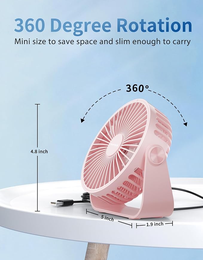 TriPole USB Desk Fan Portable Mini Fan Powerful 3 Speeds Wind Personal Desktop Fan with 360° Head Rotation for Home Office Car Indoor Outdoor Pink, No Battery, 4.5 Inches