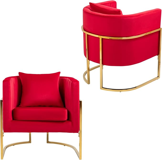 Velvet Modern Accent Chairs Set of 2, Upholstered Barrel Armchair Mid Century with Pillow for Living Room, Comfy Single Vanity Chair with Metal Gold Legs for Bedroom, Rose Red