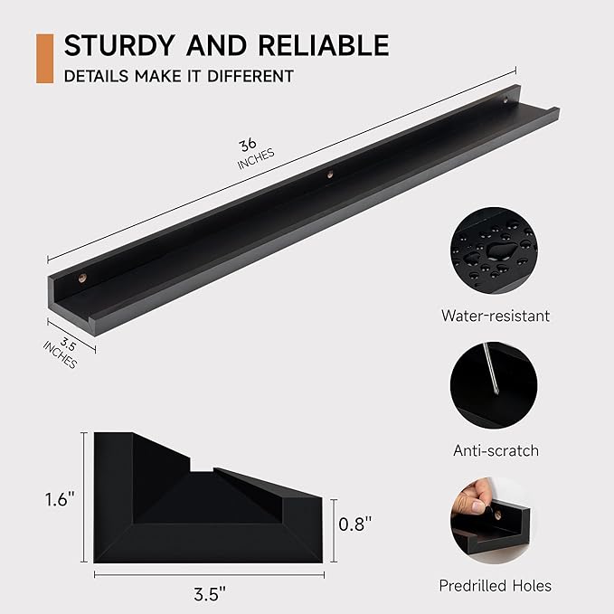 Fun Memories Picture Ledge Shelf for Wall, Floating Shelves Set of 4, 36 Inch Long Nursery Book Shelves for Toys Storage, Kids Bookshelf Wall Mounted for Books Photo Frames, Black