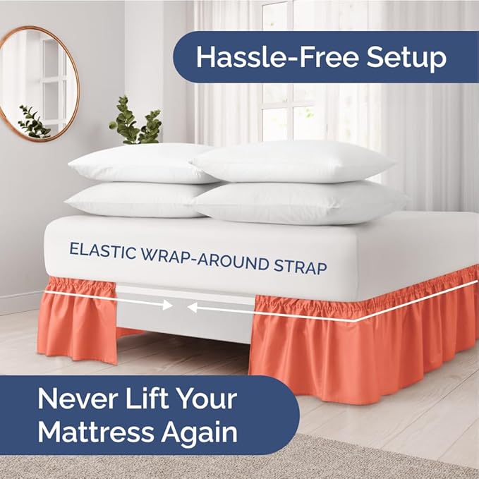 Wrap Around Dust Ruffle Bed Skirt - Coral - for Queen Size Beds with 21 Inch Drop - Easy Fit Elastic Strap - Adjustable Pleated Bedskirt w/Brushed Fabric - Wrinkle Free - for Women, Men, Kids & Teens