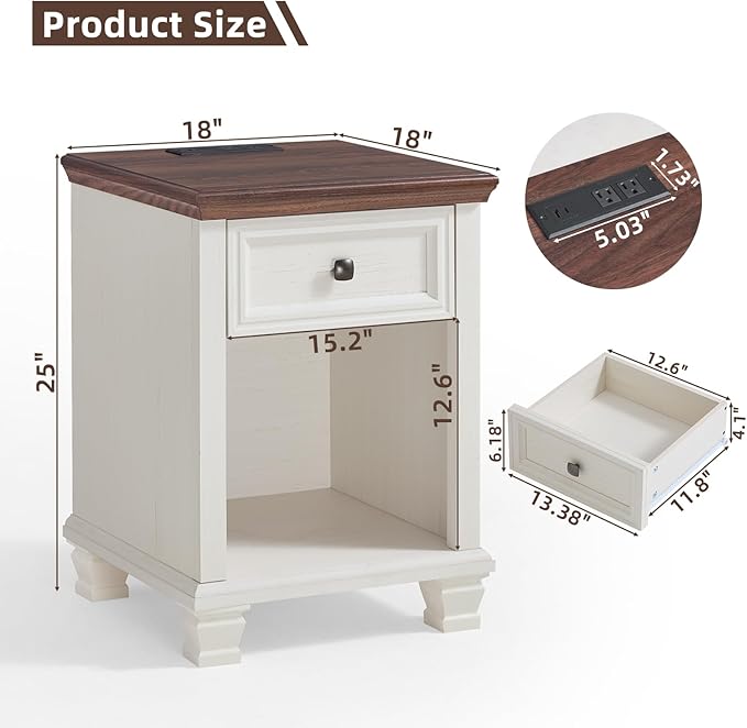 SAVOR LIFE Farmhouse End Tables Living Room with Drawer, Rustic Wood Nightstand with Charging Station, Bedside Table with Open Shelf for Bed Room, Living Room, White