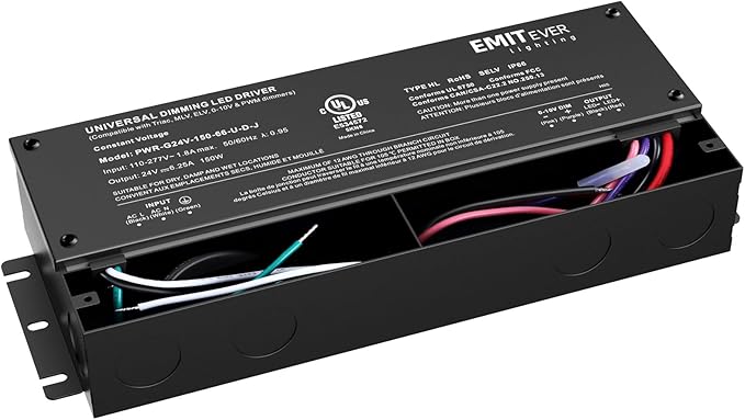 EMITEVER Dimmable Led Driver, 150W AC 110V-277V to DC 24V Transformer, 5-in-1 Dimming: ELV/MLV/TRIAC / 0-10V / 1-10V / 10V PWM/Potentiometer, Waterproof IP67 and UL Listed