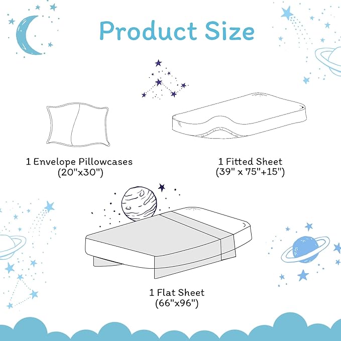 JSD Gradient Blue Moon Stars Kids Sheet Set Twin Size, 3 Piece Space Theme Microfiber Sheets Deep Pocket
