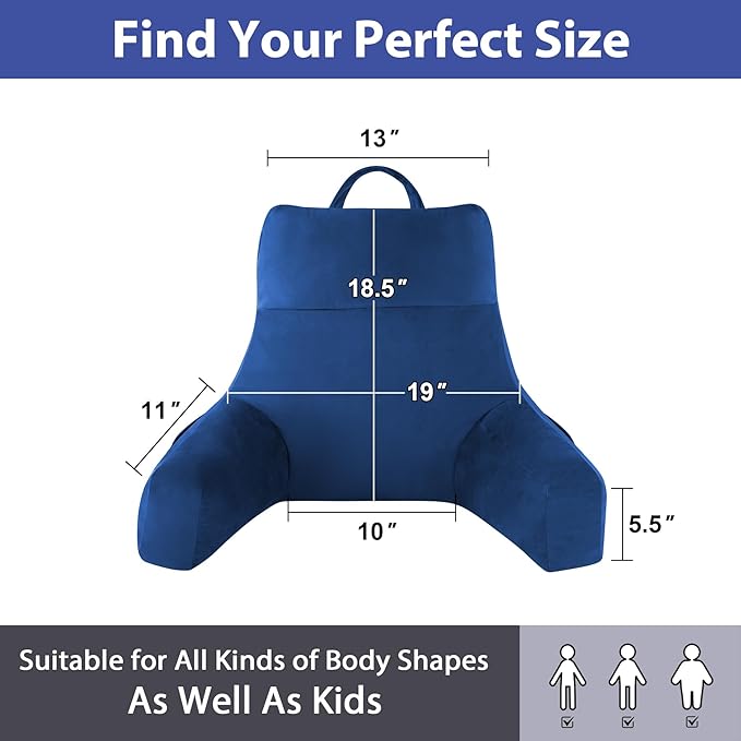 IPYNBAP Back Pillow for Bed Sitting up, Reading Pillow for Sitting in Bed Adult, Back Support Pillow, Memory Foam Sit up Lounge Backrest Pillow with Arms for TV, Couch, Chair, Dorm, 18 Inch, Navy Blue
