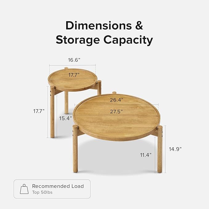 mopio Dylan Solid Wood Nesting Coffee Table Set (Mango Wood Oak, Round)