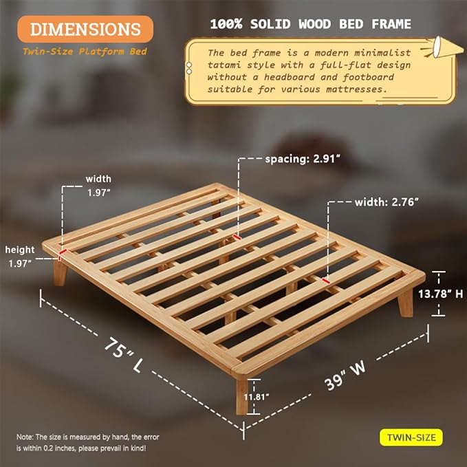 Twin Platform Bed Base - 14 Inch Solid Wood Mattress Foundation with Support Slats and Legs, Twin-Size Rubberwood Simple Bed Frame