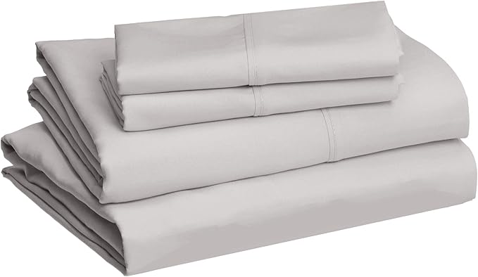 Amazon Basics Lightweight Super Soft Comfortable Easy Care Microfiber 4 Piece Bed Sheet Set with 14-Inch Deep Pockets, Queen, Light Gray, Solid