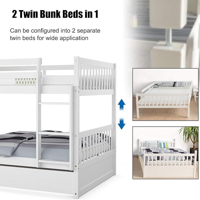 KOMFOTT Wood Full Over Full Bunk Bed with Trundle, Full Bed Frame with Ladder, Solid Wood Frame & Safety Guardrails, Space-Saving Bunk Bed for Teens & Adults, No Box Spring Needed