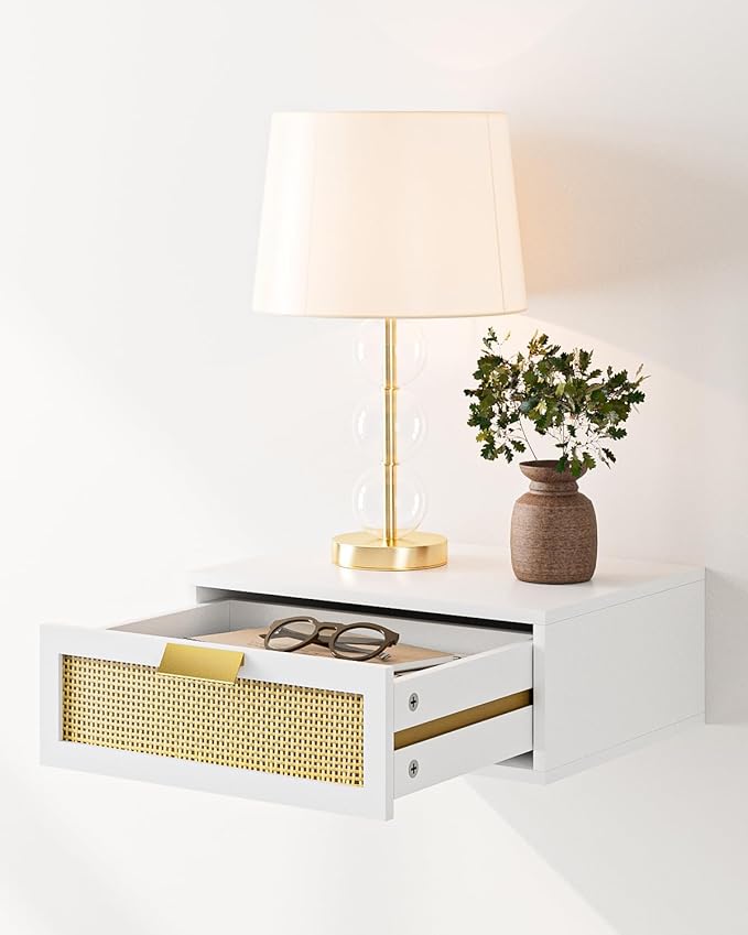 Floating Nightstand, Floating Shelf with Drawer, Wall Mounted Nightstand, Floating Bedside Table (White Rattan)