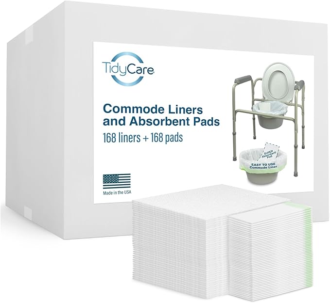 Disposable Bedside Commode Liners and Pads for Portable Toilet Chair Seat Bucket and Bedpan | Combo Pack of 168 Waste Bags and 168 Absorbent Pads | Universal Fit