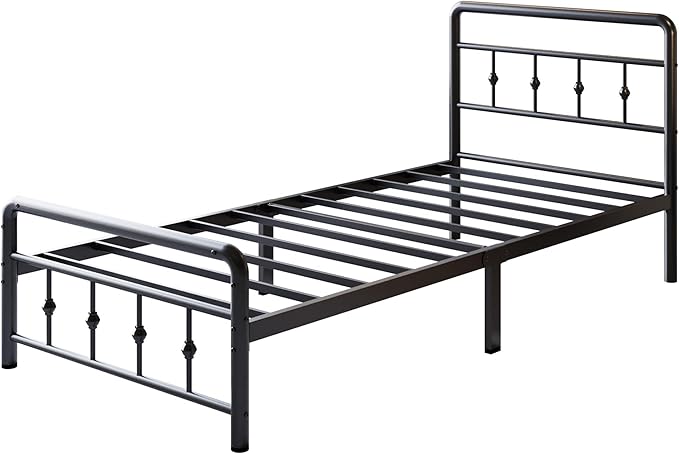 12 Inch Twin XL Bed Frames with Victorian Vintage Headboard and Footboard, No Box Spring Needed, Heavy Duty Metal Mattress Foundation, Noise Free, Easy Assembly, Black