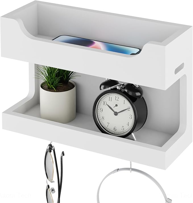 NiHome Wall Mounted Wooden Bedside Accessories Organizer, Double Tray Bedside Storage Shelf Rack with Magnetic Hooks, Bedroom Dorm RV Wall Caddy Holder for Phone Glasses Alarm Clock Remote (White)