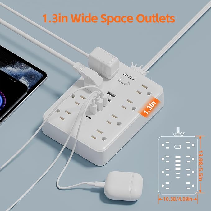 Surge Protector Power Strip(900J) -MCSCN 8 Outlets 6 USB - 15A/1875W - 10ft Extension Cord,Ultra-Thin Plug & Cord - UL Certified - Home/Office Use