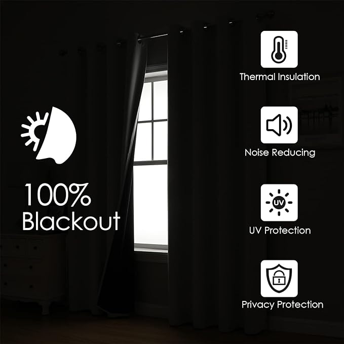 ChrisDowa 100% Blackout Curtains for Bedroom with Black Liner, 2 Thick Layers Total Blackout Thermal Insulated Grommet Window Curtains 2 Panels Set (Black, 42 x 84 Inch)
