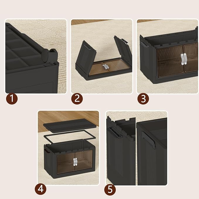 Stackable Storage Bins,Plastic Storage Bins with Lid and Wheels, Collapsible Storage Containers with Magnetic Doors, Foldable Storage Boxes for Home, Pantry, Office (L, Gray 2-Tier)
