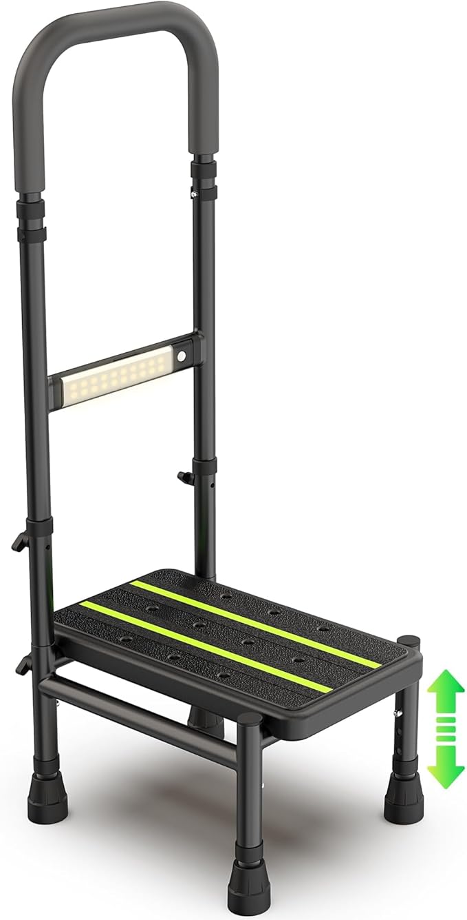 Packve Step Stool with Handle for Elderly, Adjustable Handrail & Leg, Sensor Light, Medical Stepping Stools for High Bed Mobility & Daily Living Aids, Bedside Car Stair Lift for Senior Adults 350lbs