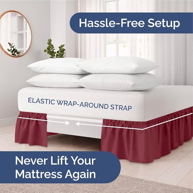 Wrap Around Dust Ruffle Bed Skirt - Burgundy - for Full Size Beds with 18 Inch Drop - Easy Fit Elastic Strap - Adjustable Pleated Bedskirt w/Brushed Fabric Wrinkle Free - for Women, Men, Kids & Teens
