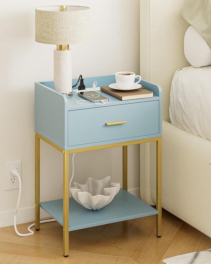 Masupu Nightstand with Charging Station,3-Tier Modern Bedside Night Stand with Storage Drawer and Shelf,Small End Side Table for Bedroom,Living Room,Gold and Blue