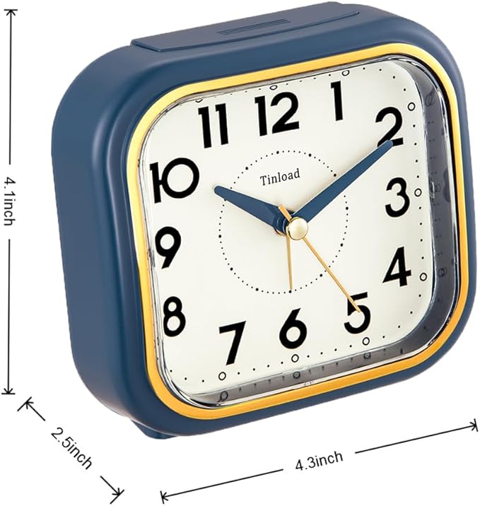 4.3" Retro Analog Alarm Clock • Silent Non Ticking • Gentle Wake • Beep Sounds • Increasing Volume • Battery Operated Snooze and Lighted on Demand • Retro Blue