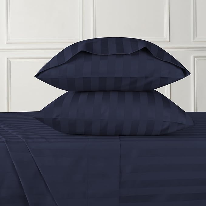 URBANHUT 800 Thread Count 100% Cotton Damask California King Size Sheets Set, 4 Piece Striped Cal King Size Bedsheets, Luxury Hotel Sheets Sateen Weave, 16" Elasticized Deep Pocket- Navy Blue
