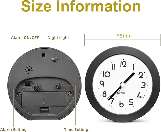 Alarm Clock with Backlight, 4 Inches Cute Analog Round Digital Quartz Clock, Non Ticking, Battery Operated,Simply Design for Living Room, Bedroom,Bedside, Desk Decorative (Black)