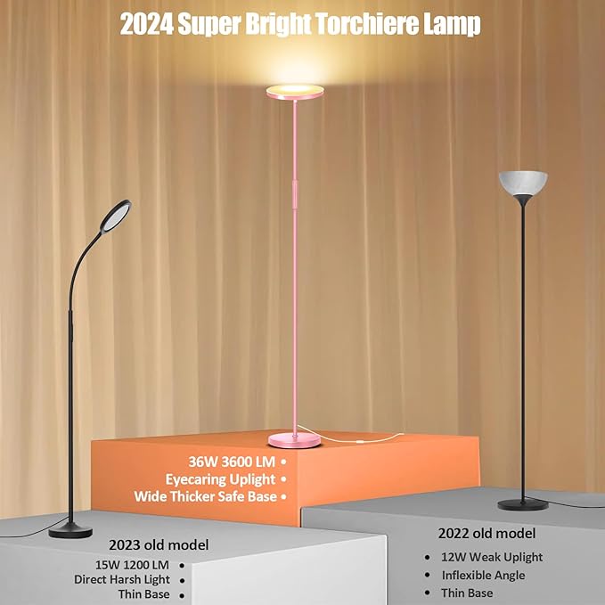 Pink Floor Lamp, 40W Super Bright Floor Lamps for Living Room Bedroom with Remote & Timer, Torchiere LED Floor Lamp 2700K-6500K Stepless Dimmable, Tall Standing Light Works with Smart Plug