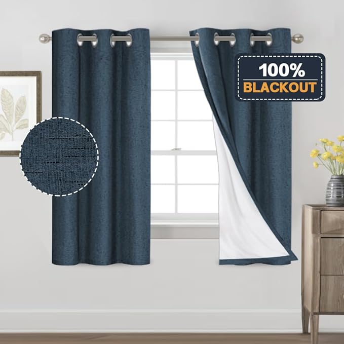 PrinceDeco Linen Blackout Curtains for Bedroom 64 Inches Long 100% Absolutely Blackout Linen Curtains Linen Blend Window Drapes Privacy Window Treatments for Bedroom/Kids Room,Set of 2, Navy,W42 X L64