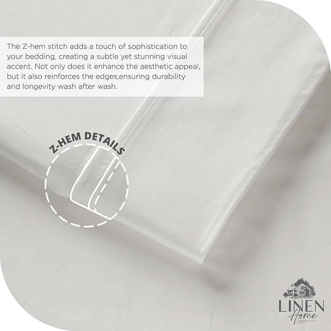 Linen Home 100% Cotton Percale Sheet Set, Full Size, Snow White, Deep Pocket, 6 Pieces Set - 1 Flat, 1 Deep Pocket Fitted Sheet and 4 Pillowcases, Crisp Cool and Strong Bed Linen