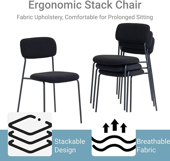 Black Stacking Chairs with Upholstered Fabric Seat and Back, Armless Guest Chairs with Metal Frames, Stackable Reception Chair for Waiting Area, School, Conference Room, and Church, Set of 4.