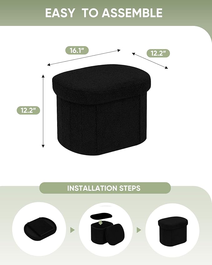 B FSOBEIIALEO Storage Ottoman for Dorm Room, Boucle Folding Storage Ottoman Foot Rest, 16.14 Inches Small Collapsible Ottoman Cube for Living Room Black