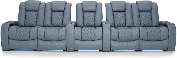 Seatcraft Diamante Zero-Gravity CoolZero Italian Leather Home Theater Seating, Power Headrest, Power Recline, Row of 5 Dual Loveseats, Smokey Blue