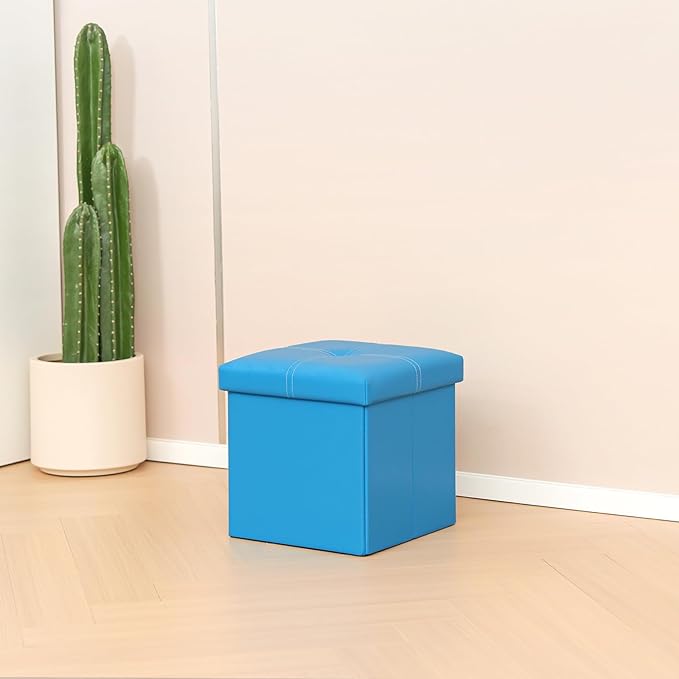 B FSOBEIIALEO Folding Storage Ottoman Cube, Faux Leather Footrest Seat Coffee Table, Blue 11.8"x11.8"x11.8"